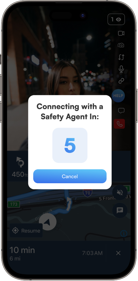 The 3rd-i app during a trip, with a live stream above navigation while a Safety Agent connects