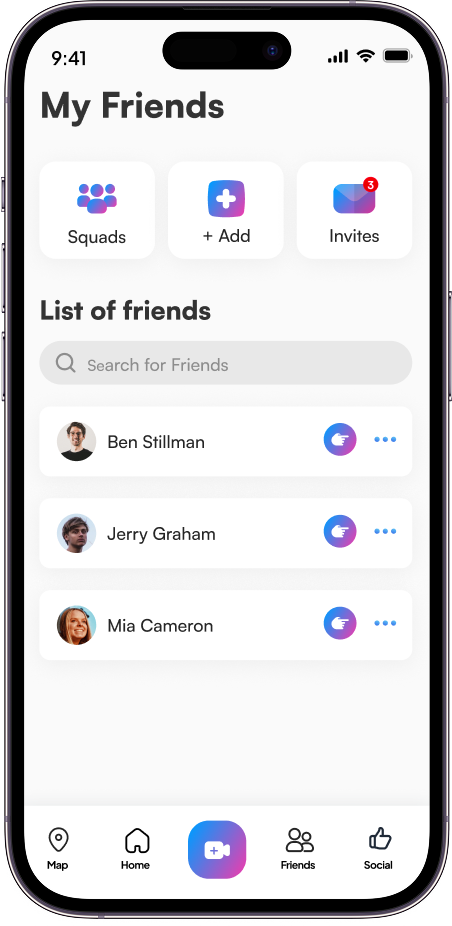 The 3rd-i friends screen, showing squads, invites and the people in your circle