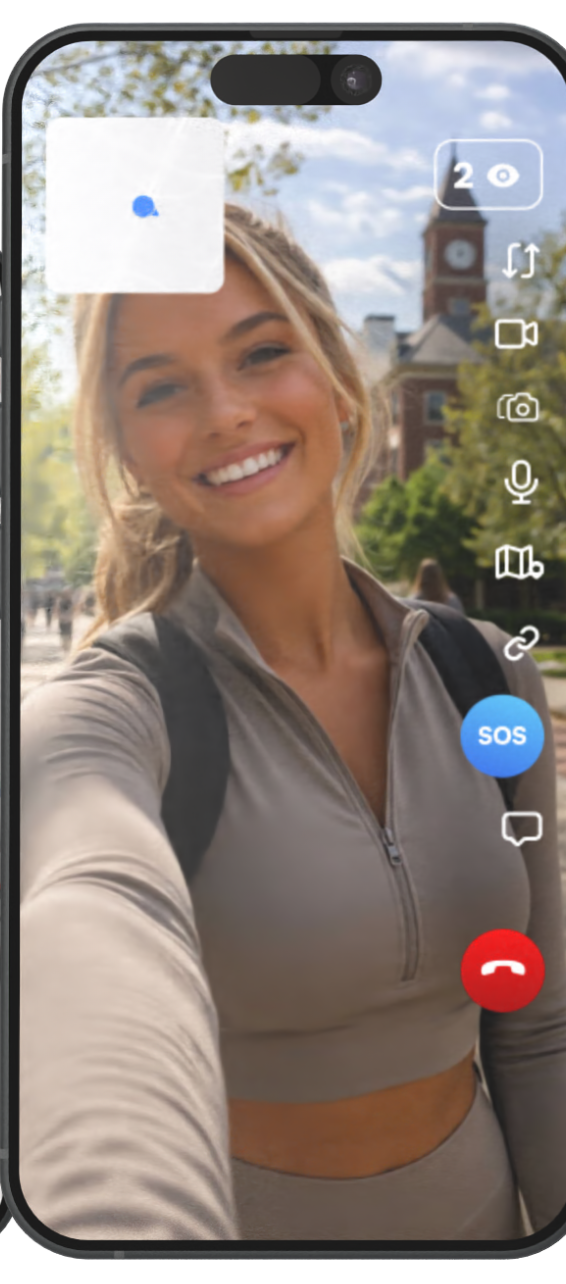A student livestreaming a walk across campus in the 3rd-i app, with viewers watching and SOS one tap away