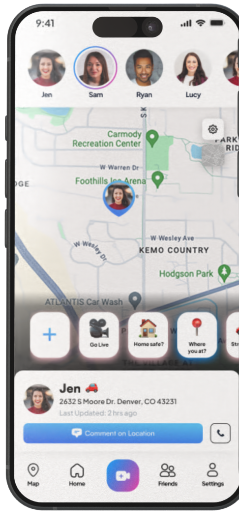 The 3rd-i friend map: your people at the top, their live locations on the map, and quick actions like Go Live and Home safe