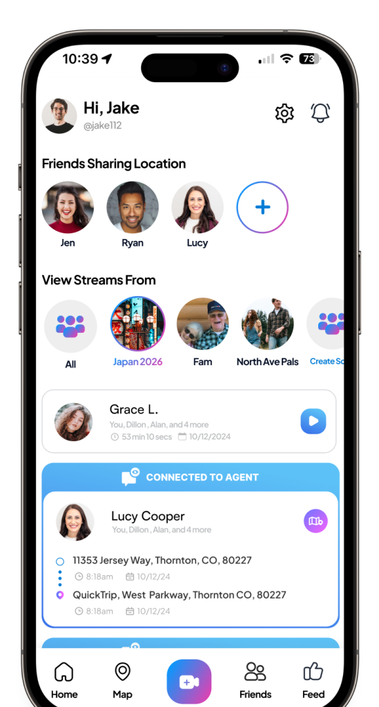 The 3rd-i home screen, showing friends sharing location, the streams you can watch, and a live connection to a Safety Agent